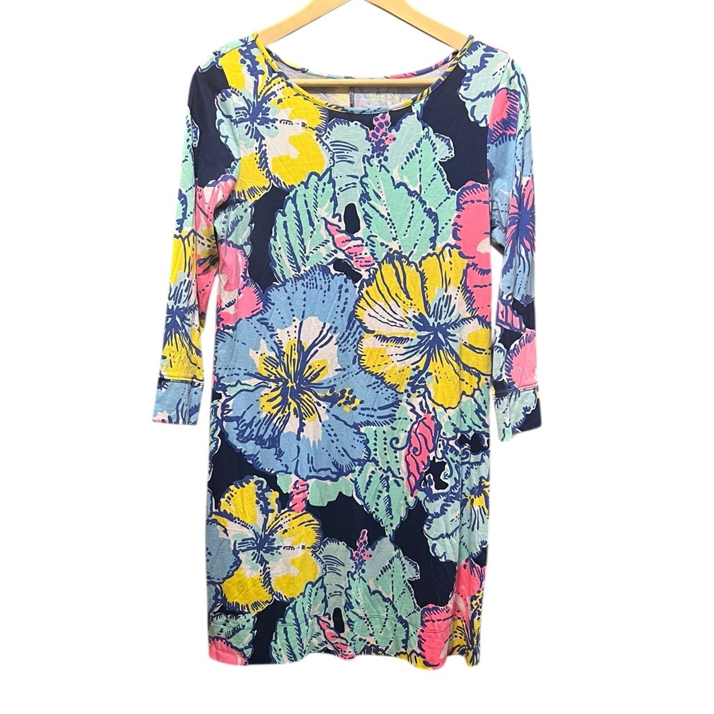 Lilly Pulitzer Marlowe Dress Navy Big Flirt Hibiscus Floral Print Size Medium - Picture 3 of 13